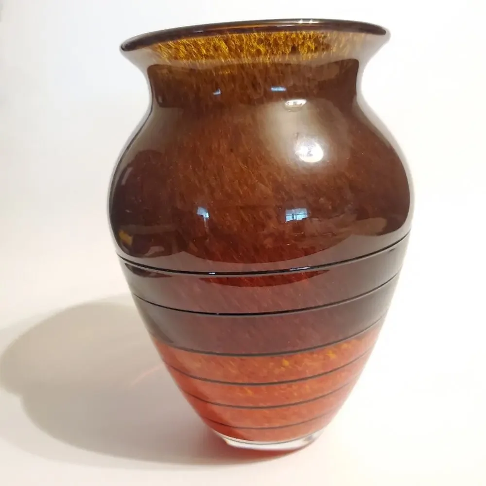 Vintage Bohemian Czech Art glass Vase Orange Brown Swirl specked Pattern 8
